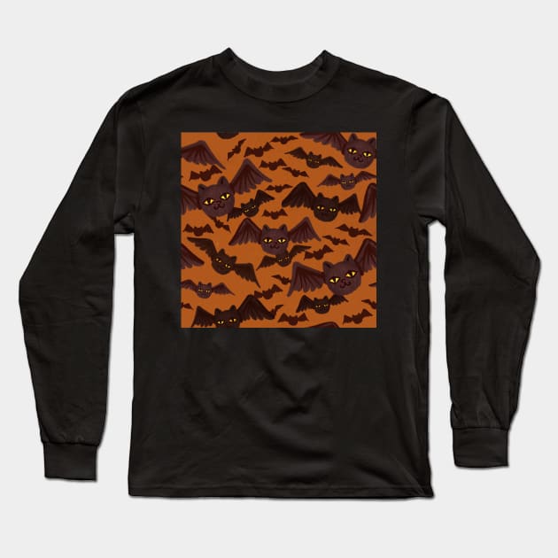 spooky halloween pattern with lots of cat-bats orange Long Sleeve T-Shirt by ArtInPi